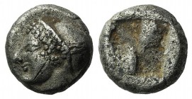 Ionia, Phokaia, c. 521-478 BC. AR Diobol (7mm, 1.24g). Archaic female head l. R/ Quadripartite incuse square. Klein 452-3. Near VF