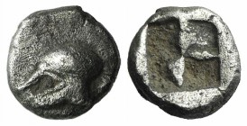 Ionia, Uncertain, c. 500 BC. AR Hemiobol (5mm, 0.36g). Helmet l. R/ Quadripartite incuse square. Cf. SNG Kayhan 743 (obol). VF