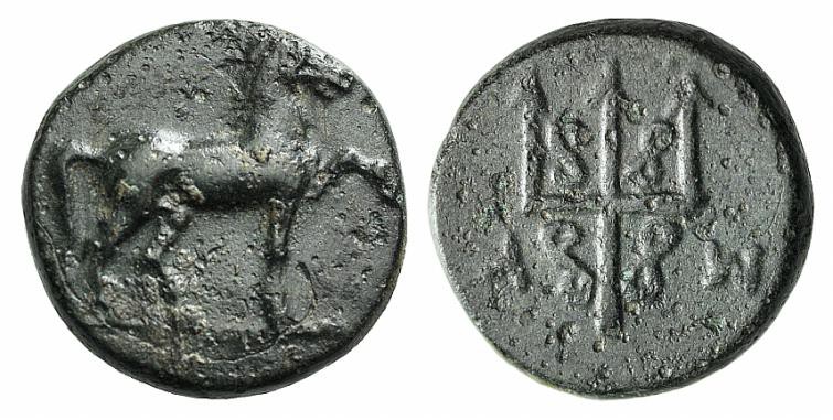 Caria, Mylasa, c. 210-30 BC. Æ (11mm, 1.72g, 6h). Horse walking r. R/ Ornamented...