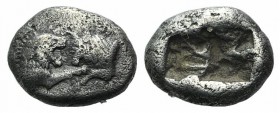 Kings of Lydia, Kroisos (c. 564/53-550/39 BC). AR Sixth Stater (10mm, 1.69g). Sardes. Confronted foreparts of lion r. and bull l. R/ Two incuse square...
