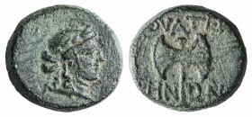 Lydia, Thyatira, 2nd century BC. Æ (14mm, 3.62g, 12h). Laureate head of Apollo r. R/ Labrys. SNG Copenhagen 570-1. Green patina, VF