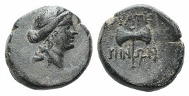 Lydia, Thyatira, 2nd century BC. Æ (15mm, 5.14g, 12h). Laureate head of Apollo r. R/ Labrys. SNG Copenhagen 570-1. Green patina, near VF
