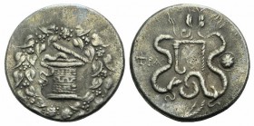 Lydia, Tralleis, c. 155-145 BC. AR Cistophoric Tetradrachm (27mm, 12.64g, 12h). Cista mystica with serpent; all within ivy wreath. R/ Bow-case with se...