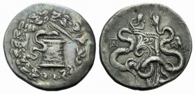 Phrygia, Apameia, c. 166-133 BC. AR Cistophoric Tetradrachm (29mm, 12.66g, 12h), c. 150-140 BC. Cista mystica with serpent; all within ivy wreath. R/ ...