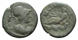Phrygia, Apameia, c. 2nd century AD. Æ (15mm, 2.59g, 6h). Helmeted and draped bust of Athena r. R/ River-god Maiandros reclining l., holding cornucopi...