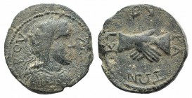 Phrygia, Kibyra. Pseudo-autonomous, 3rd century AD. Æ (24mm, 12.99g, 11h). Laureate and draped bust of Boule r. R/ Clasped right hands. Unpublished in...
