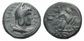 Phrygia, Laodicea ad Lycum. Pseudo-autonomous issue, c. 66-8. Æ (15mm, 3.62g, 12h). K. Aineias, magistrate. Laureate and draped bust of Mên r., wearin...