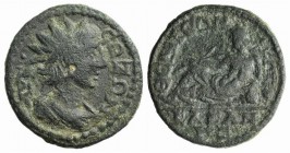 Phrygia, Themisonium. Pseudo-autonomous issue, 3rd century AD. Æ (23mm, 6.11g, 62h). Radiate and draped bust Sozon r. R/ River-god Kazanes, holding re...