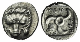 Dynasts of Lycia, Mithrapata (c. 390-370 BC). AR Diobol (12mm, 1.32g, 6h). Uncertain mint. Lion scalp facing. R/ Triskeles; astragalos to lower l.; al...