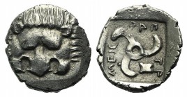 Dynasts of Lycia, Mithrapata (c. 390-370 BC). AR Diobol (12mm, 1.21g, 3h). Uncertain mint. Lion scalp facing. R/ Triskeles; astragalos to lower l.; al...