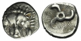 Dynasts of Lycia, Trbbenimi (c. 380-370 BC). AR Tetrobol (14mm, 2.61g). Facing lion's scalp. R/ Triskeles. SNG von Aulock 4215. VF