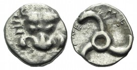 Dynasts of Lycia, Trbbenimi (c. 380-370 BC). AR Tetrobol (13mm, 2.56g). Facing lion's scalp. R/ Triskeles. Cf. SNG von Aulock 4215. VF