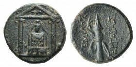 Pamphylia, Perge, c. 50-30 BC. Æ (17mm, 4.51g, 12h). Cult statue of Artemis Pergaia facing within distyle temple. R/ Bow and quiver. Colin series 7.2;...