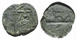 Pamphylia, Perge, c. 50-30 BC. Æ (16mm, 3.43g, 12h). Cult statue of Artemis Pergaia facing within distyle temple. R/ Bow and quiver. Colin series 7.2;...