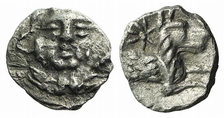 Lycaonia, Laranda, c. 324/3 BC. AR Obol (8mm, 0.51g, 6h). Facing head of Herakle...