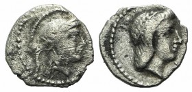 Cilicia, Holmoi, c. 380-375 BC. AR Obol (9mm, 0.51g, 6h). Helmeted head of Athena r. R/ Wreathed head of Apollo r. SNG BnF 121; SNG Levante 34. Near V...