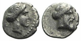 Cilicia, Nagidos, c. 400-380 BC. AR Obol (8mm, 0.65g, 9h). Head of Aphrodite r. R/ Bearded head of Dionysos r., wearing ivy wreath. SNG BnF 15; SNG Le...