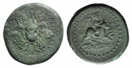 Cilicia, Soloi, c. 100-30 BC. Æ (24mm, 11.85g, 2h). Gorgoneion at centre of aegis. R/ Aphrodite, turreted, riding bull r., monogram above, owl to r. S...