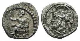 Cilicia, Tarsos. Pharnabazos (380-374/3 BC). AR Obol (9mm, 0.80g, 1h). Baaltars seated l., holding lotus-tipped sceptre. R/ Helmeted and bearded male ...