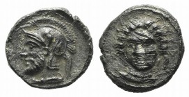Cilicia, Tarsos. Pharnabazos (380-374/3 BC). AR Obol (8mm, 0.72g, 3h). Female head facing slightly l. R/ Helmeted and bearded male head (Ares?) l. SNG...