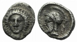 Cilicia, Tarsos. Pharnabazos (380-374/3 BC). AR Hemiobol (6mm, 0.36g, 1h). Female head facing slightly l. R/ Bearded head l., wearing crested Attic he...