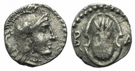 Cilicia, Tarsos. Balakros (Satrap of Cilicia, 333-323 BC). AR Obol (8mm, 0.43g, 11h). Helmeted head of Athena r. R/ Shield with thunderbolt; B to l., ...