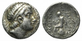 Seleukid Kings, Antiochos III (222-187 BC). AR Drachm (17mm, 3.87g, 1h). Tarsos. Diademed head r. R/ Apollo Delphios seated l. on omphalos, holding ar...