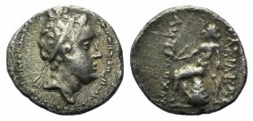 Seleukid Kings, Antiochos IV (175-164 BC). AR Drachm (18mm, 3.94g, 11h). Ekbatana(?). Diademed head r. R/ Apollo seated l. on omphalos, testing arrow,...