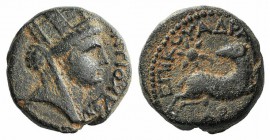 Seleucis and Pieria, Antioch . Pseudo-autonomous issue, AD 54-68. Æ Trichalkon (16mm, 6.02g, 12h). Dated Caesarean Era 104 (AD 55/6). Turreted and vei...