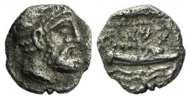 Phoenicia, Arados, c. 348-338 BC. AR Tetrobol (8mm, 0.69g, 12h). Laureate head of deity r. R/ Prow of galley r.; three wavy lines below. Betlyon p. 90...