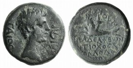 Gaius (Caligula, 37-41). Lydia, Philadelphia. Æ (16mm, 4.64g, 12h). Antiochos, son of Apollodotos, “Philokaisar”. Bare head r. R/ Capricorn l., with c...