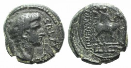 Gaius (Caligula, 37-41). Lydia, Tripolis. Æ (18mm, 5.91g, 12h). Bare head r. R/ Horseman r., holding labrys; maeander below. Cf. RPC I 3050. Green pat...