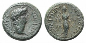 Nero (54-68). Lydia, Maeonia. Æ (18mm, 4.38g, 12h). Menekrates, strategos, c. AD 65. Laureate head r. R/ Veiled goddess standing r., holding sceptre o...