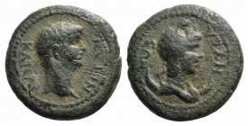 Nero (54-68). Lydia, Nysa. Æ (16mm, 3.86g, 12h). Bare head of Nero r. R/ Draped female bust r., wearing Phrygian cap and set upon crescent. RPC I 2669...