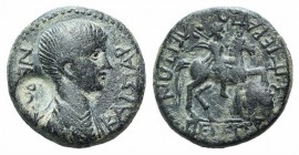 Nero (54-68). Phrygia, Hierapolis. Æ (19mm, 5.45g, 12h). Ti. Dionysios, magistrate. Bare-headed and draped bust r.; c/m: radiate head within circular ...