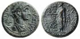 Nero (54-68). Phrygia, Hierapolis. Æ (18mm, 6.09g, 6h). M. Antonios Kalos, magistrate. Bare-headed and draped bust r.; c/m: radiate head within circul...
