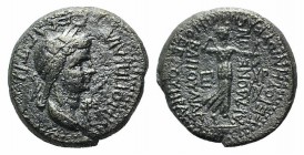 Poppaea (Augusta, 62-65). Phrygia, Acmoneia. Æ (16mm, 3.13g, 12h). Lucius Servenius Capito, archon, with his wife Julia Severa, c. AD 62. Draped bust ...