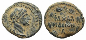 Trajan (98-117). Chalcidice, Chalcis. Æ (25mm, 12.12g, 12h). Laureate and draped bust r. R/ ΦΛ XAΛ/KIΔЄωN in two lines; A below; all within laurel wre...