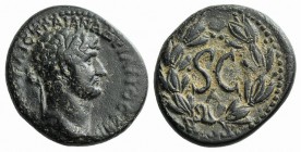 Hadrian (117-138). Seleucis and Pieria, Antioch. Æ (20mm, 6.19g, 6h). Laureate head r. R/ S • C, A below; all within laurel wreath. RPC III 3715; McAl...
