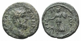 Lucius Verus (161-169). Pamphylia, Side. Æ (18mm, 5.03g, 12h). Laureate head r. R/ Athena advancing, l., holding pomegranate over serpent and shield. ...