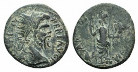 Septimius Severus (193-211). Pisidia, Antioch. Æ (22mm, 5.65g, 6h). Radiate head r. R/ Mên standing r., holding sceptre and crowning Nike; to l., cock...