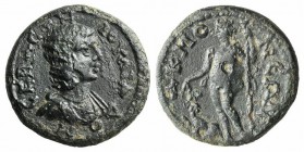 Julia Domna (Augusta, 193-217). Phrygia, Acmoneia. Æ (19mm, 4.41g, 12h). Draped bust r. R/ Dionysos standing l., holding thrysus and grape bunch; to l...