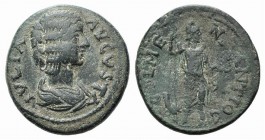 Julia Domna (Augusta, 193-217). Pisidia, Antioch. Æ (24mm, 6.43g, 6h). IVLIA AVGVSTA, Draped bust r. R/ Mên standing facing with l. foot on bucranium,...