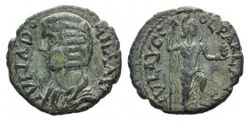 Julia Domna (Augusta, 193-217). Pisidia, Parlais. Æ (21mm, 5.03g, 6h). Draped bust l. R/ Mên standing r., with foot on bucranium, holding pine cone an...