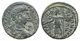 Caracalla (198-217). Phrygia, Hierapolis. Æ (23mm, 5.51g, 6h). Laureate, draped and cuirassed bust r.; c/m: figure standing. R/ Mên standing left, hol...