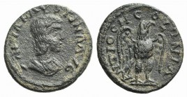 Annia Faustina (Augusta, AD 221). Pisidia, Antioch. Æ (17mm, 2.13g, 6h). Draped bust r. R/ Eagle, with open wings, standing facing, head r. SNG BnF –;...