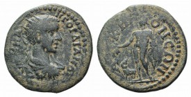 Gordian III (238-244). Phrygia, Acmoneia. Æ (25mm, 7.21g, 6h). Radiate, draped and cuirassed bust r. R/ Hermes holding purse and kerykeion; ram before...