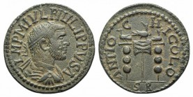 Philip I (244-249). Pisidia, Antioch. Æ (26mm, 8.31g, 12h). Radiate, draped and cuirassed bust r. R/ Vexxillum between two standards, all surmounted b...