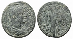 Volusian (251-253). Lydia, Blaundus. Æ (30mm, 11.61g, 6h). Aur. Papius Hermus, magistrate. Laureate, draped and cuirassed bust r. R/ Apollo, radiate, ...