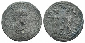 Valerian I (253-260). Pamphylia, Perge. Æ (35mm, 13.25g, 12h). Homonoia with Ephesus. Laureate and cuirassed bust r. R/ Facing statues of Artemis Perg...